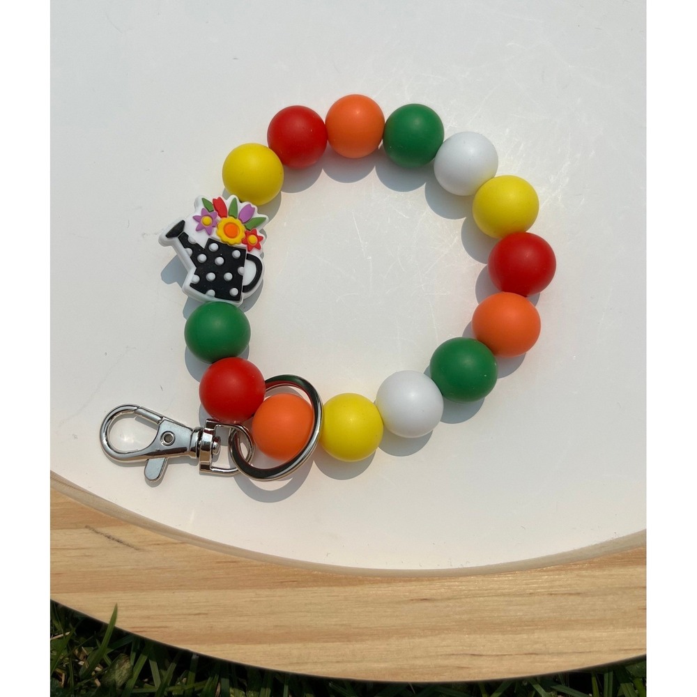 Flower Watering Can Polka Dot Silicone Beaded Bracelet Wristlet Keychain